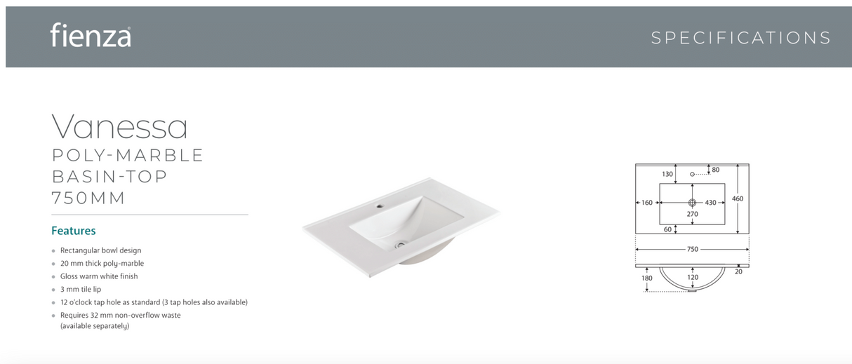 Fienza VAN75BWF Vanessa Amato 750 Satin White Wall-Hung Vanity, Matte Black Frames