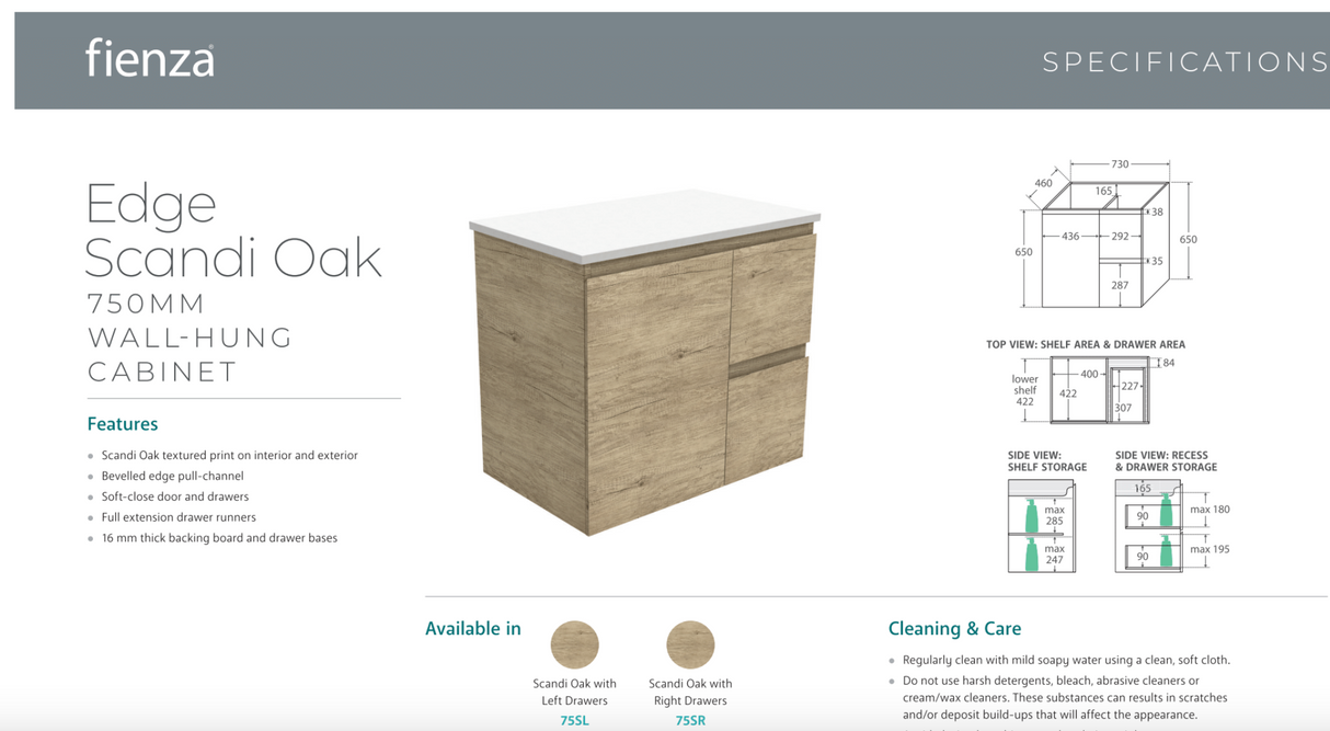 Fienza VAN75SR Vanessa Fingerpull Scandi Oak 750 Wall-Hung Vanity, Right Drawers