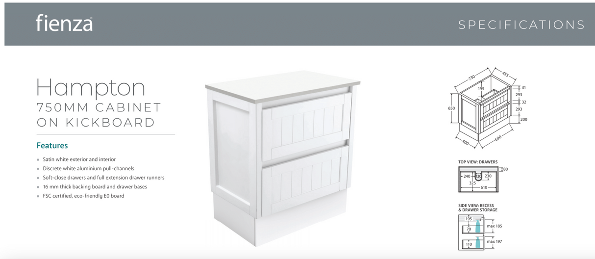 Fienza VAN75TK Vanessa Hampton 750 Vanity on Kickboard, Satin White