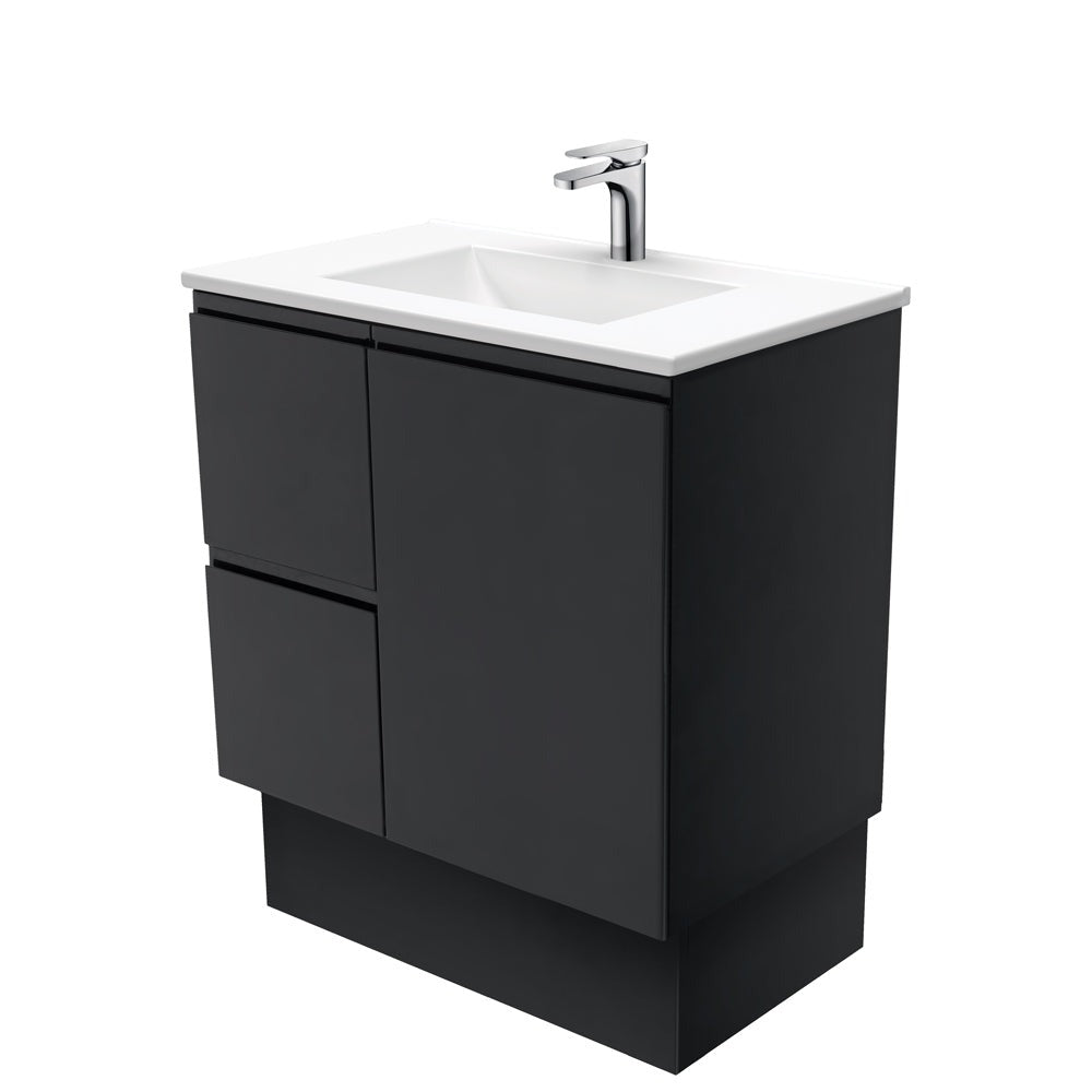 Fienza VAN75ZBKL Vanessa Fingerpull Satin Black 750 Vanity on Kickboard, Left Drawers