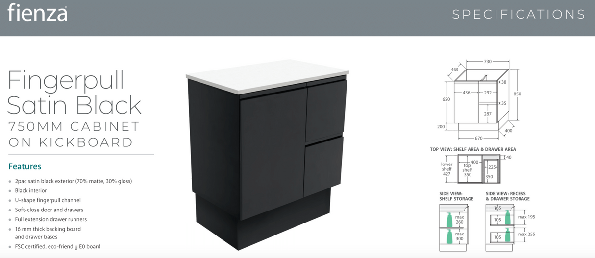 Fienza VAN75ZBKL Vanessa Fingerpull Satin Black 750 Vanity on Kickboard, Left Drawers