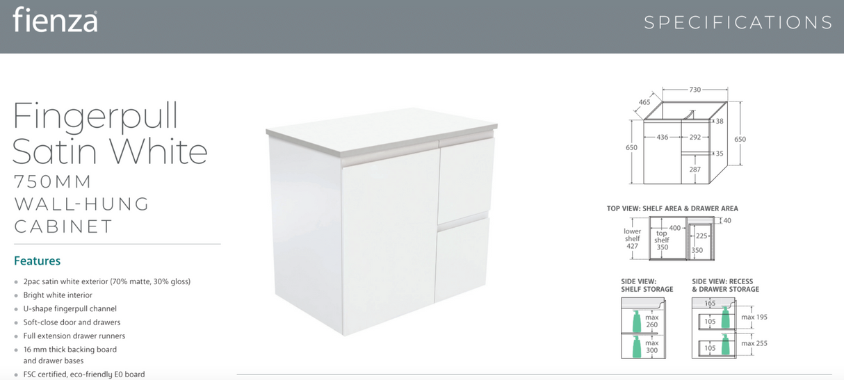 Fienza VAN75ZR Vanessa Fingerpull Satin White 750 Wall-Hung Vanity, Right Drawers