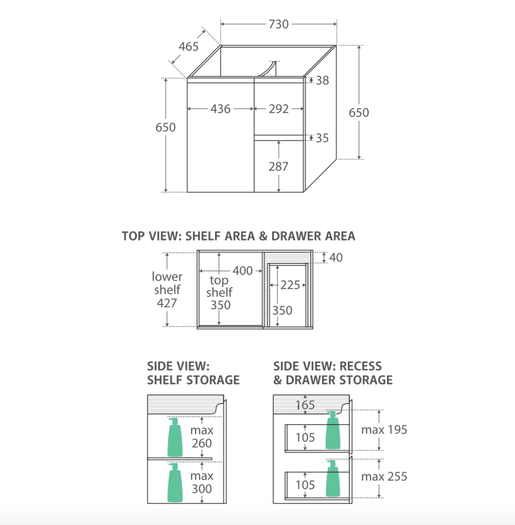 Fienza VAN75ZL Vanessa Fingerpull Satin White 750 Wall-Hung Vanity, Left Drawers