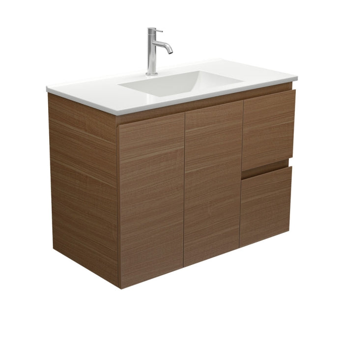 Fienza VAN90WAR Vanessa Edge Walnut 900 Wall Hung Vanity, Right Drawers