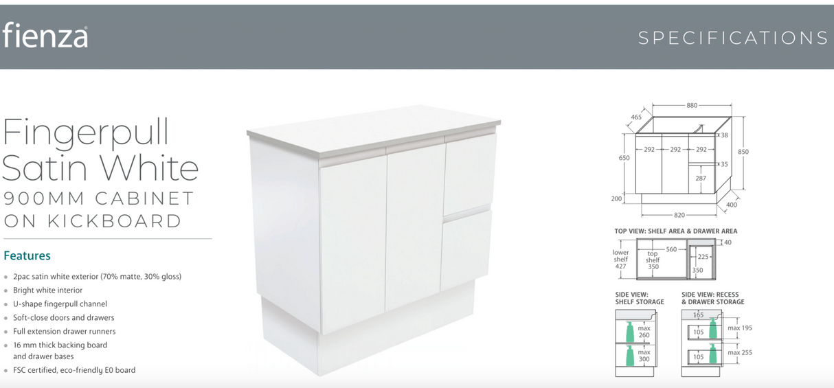 Fienza VAN90ZKR Vanessa Fingerpull Satin White 900 Vanity on Kickboard, Right Drawers