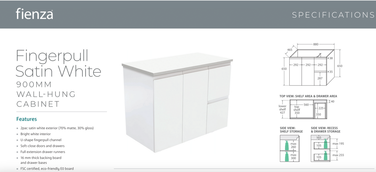 Fienza VAN90ZL Vanessa Fingerpull Satin White 900 Wall Hung Vanity, Left Drawers