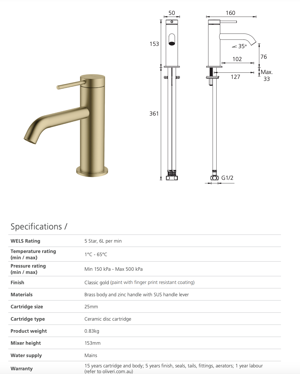 Oliveri Venice VE103503CG Classic Gold Curved Basin Mixer