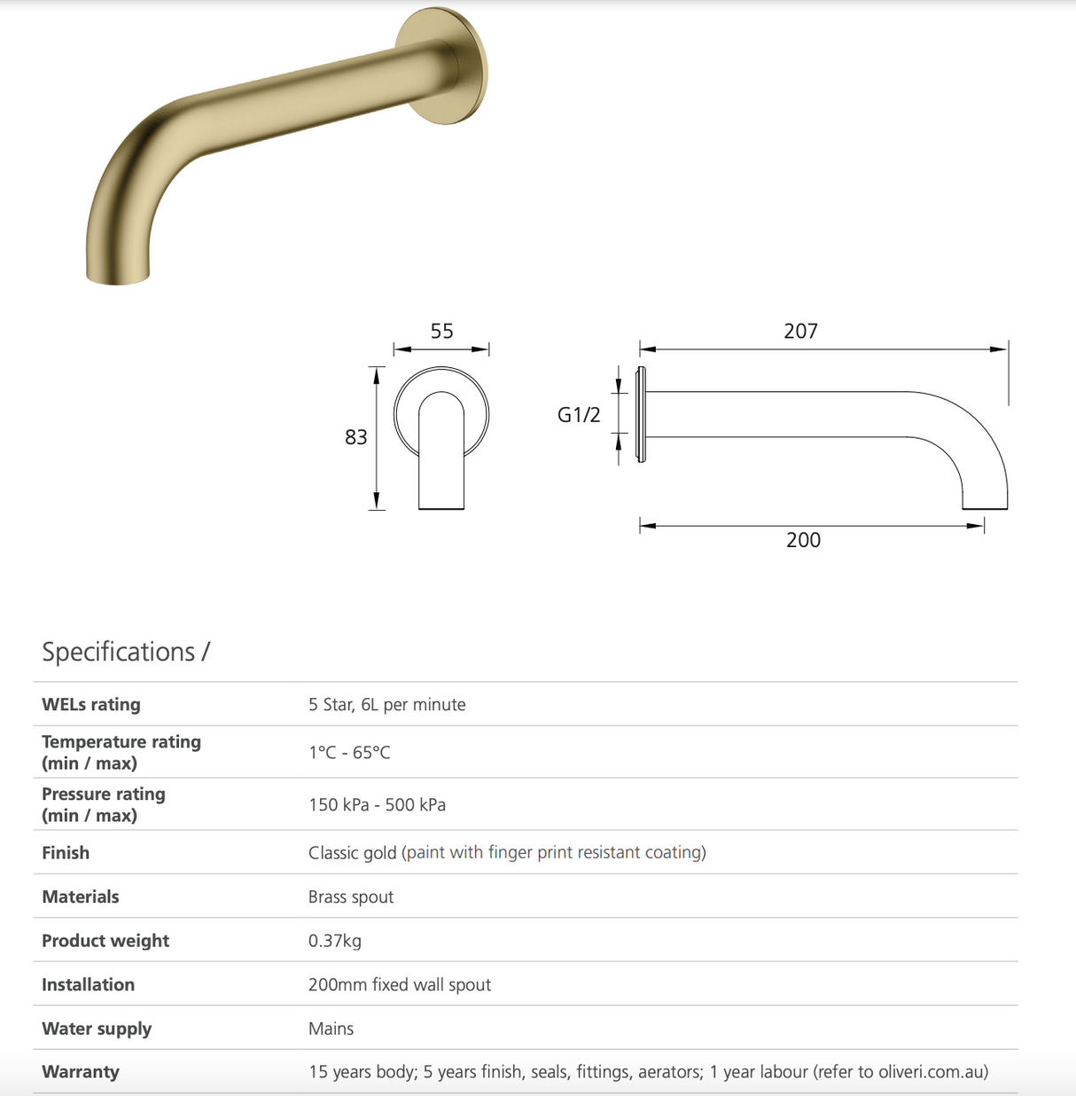 Oliveri Venice VE105203CG Classic Gold Curved 200mm Spout