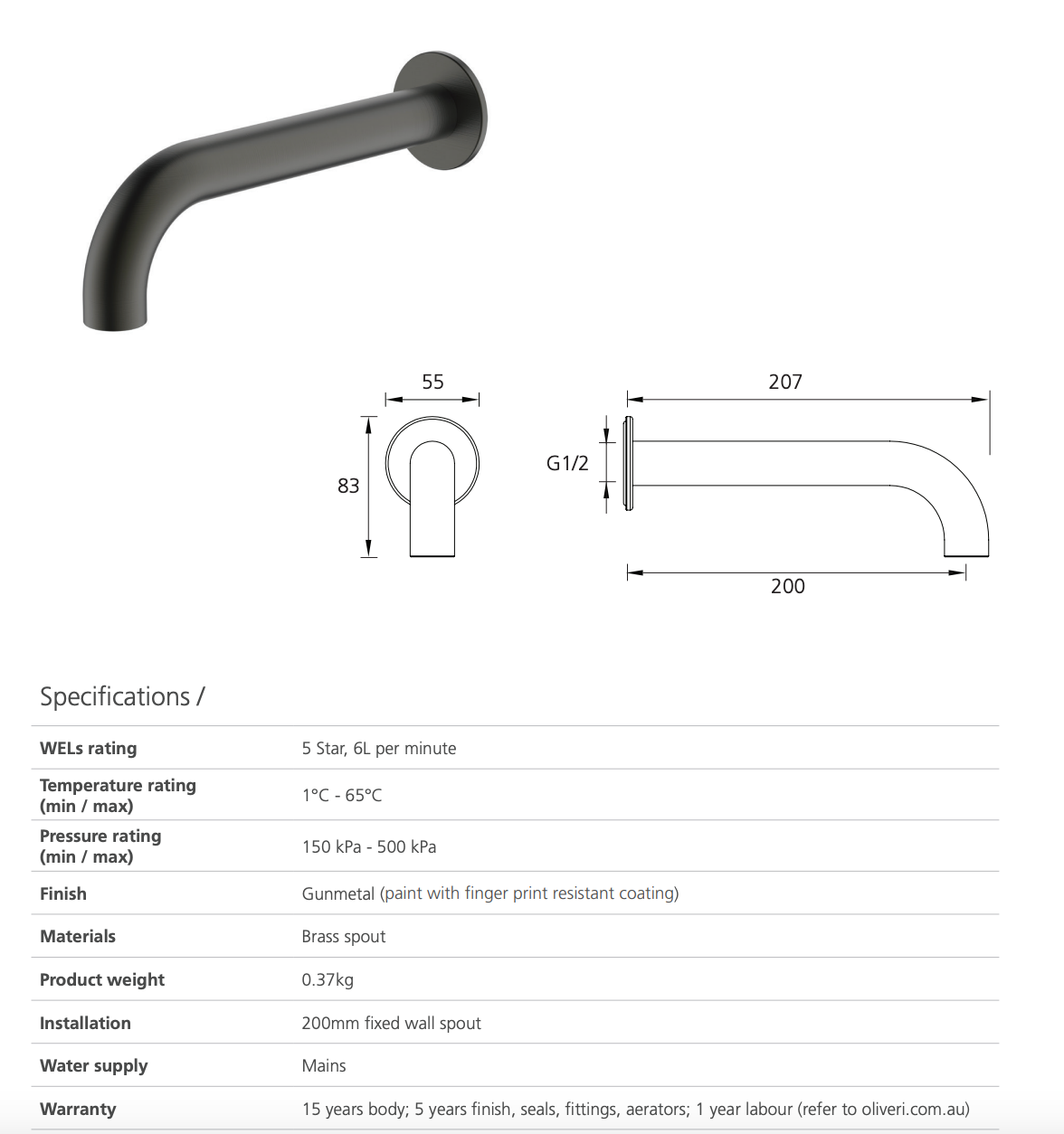 Oliveri Venice VE105205GM Gun Metal Curved 200mm Spout