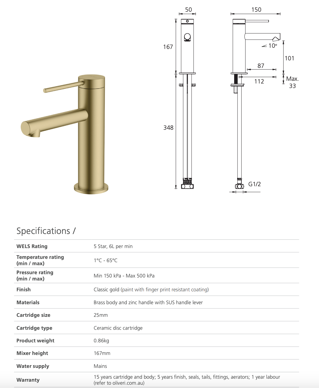 Oliveri Venice VE106505CG Straight Classic Gold Basin Mixer