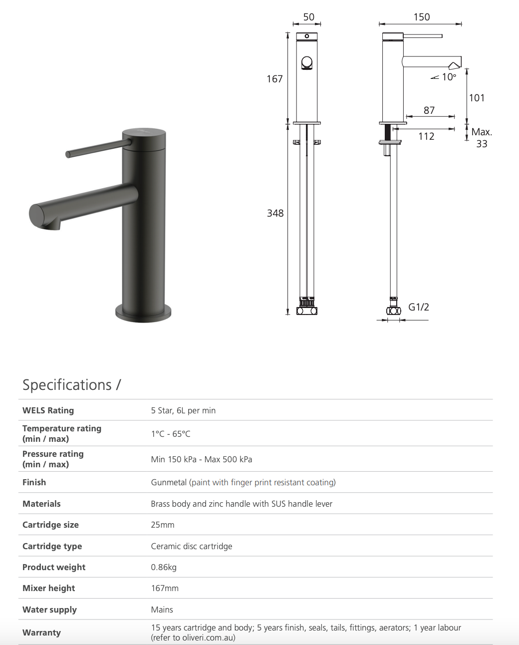 Oliveri Venice VE106505GM Straight Gun Metal Basin Mixer
