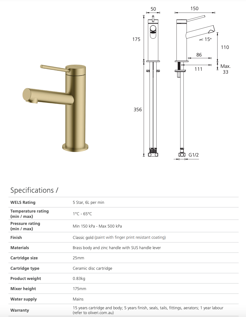 Oliveri Venice VE109503CG Uplift Classic Gold Basin Mixer