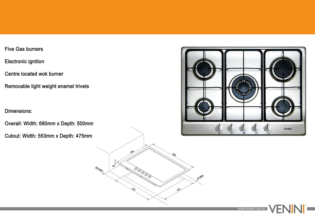 Venini VGH70 68cm Stainless Steel Gas Cooktop Clearance Discount SA