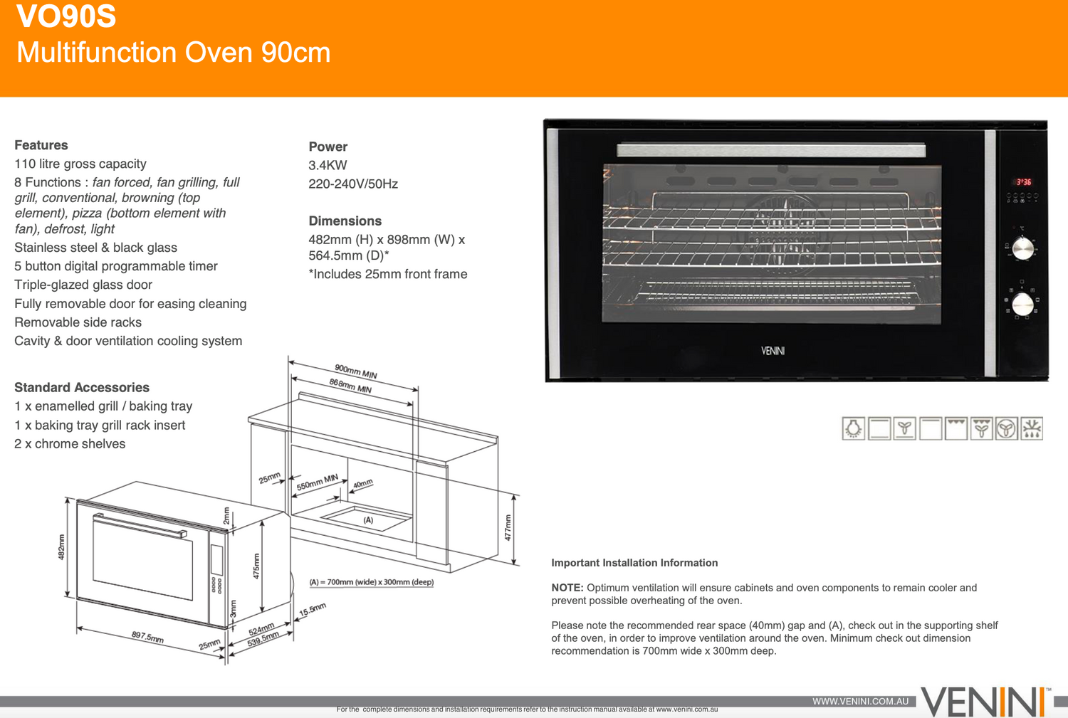 Venini VO90S 90cm 8 Function Electric Multifunction Black Glass Oven - Clearance Discount