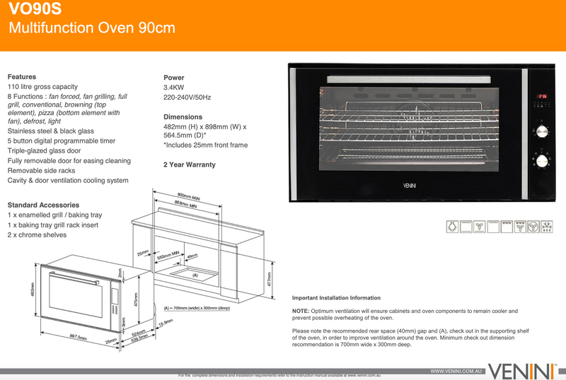 Venini VO90S 90cm 8 Function Electric Multifunction Black Glass Oven