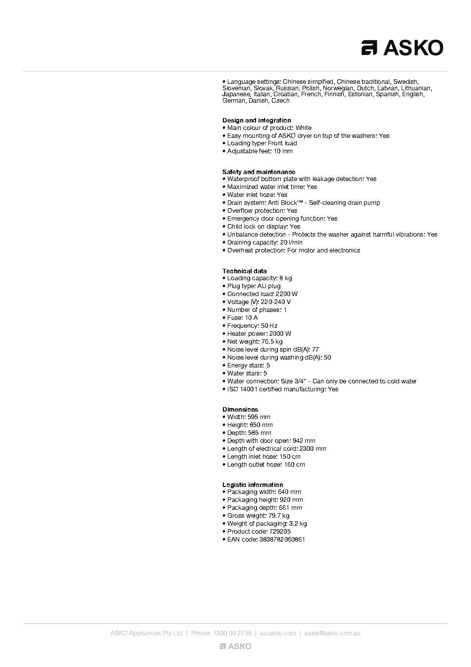 ASKO W4086PWAU 8kg Front Load Pro Wash Washing Machine, White - Factory Seconds