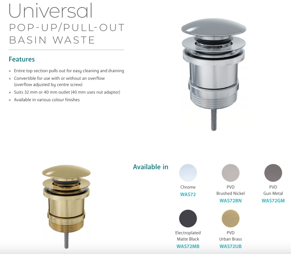 Fienza WAS72UB Pop Up Waste Universal Basin 32/40mm, Urban Brass