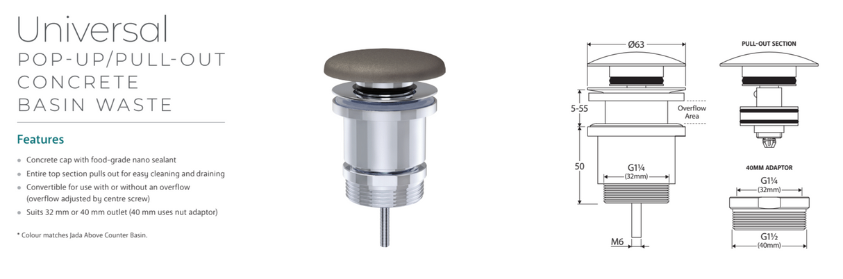 Fienza WAS72MB Pop Up Waste Universal Basin 32/40mm, Matte Black