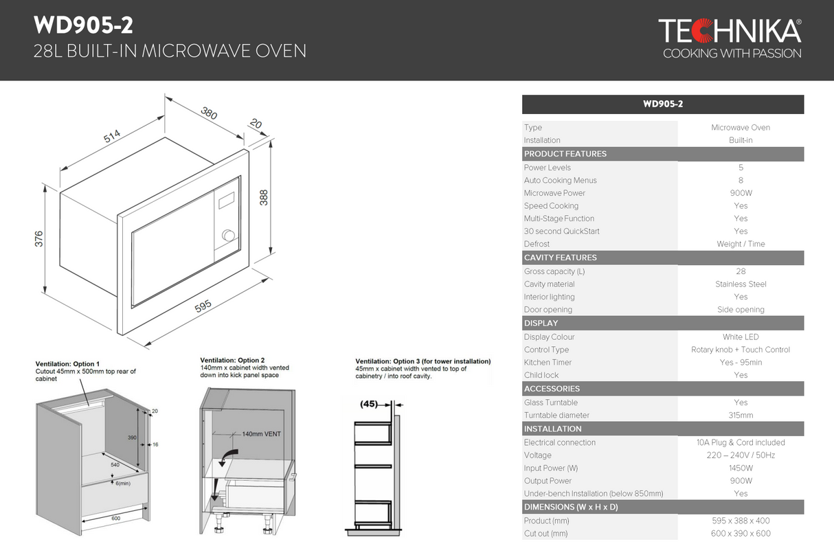 Technika WD905-2 Inbuilt Microwave Oven