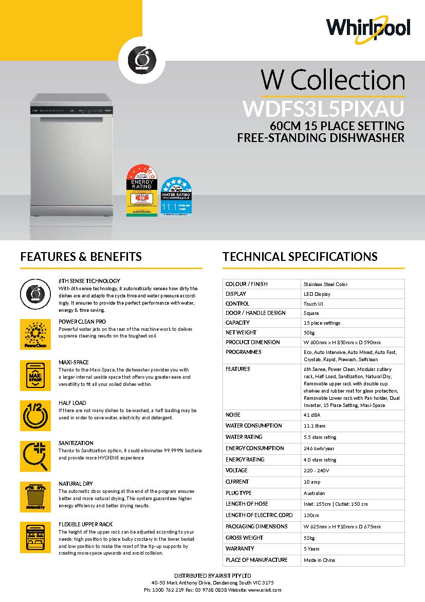 Whirlpool WDFS3L5PIXAU Power Clean Maxi-Tub 15 Place Setting Freestanding Dishwasher in Stainless Steel