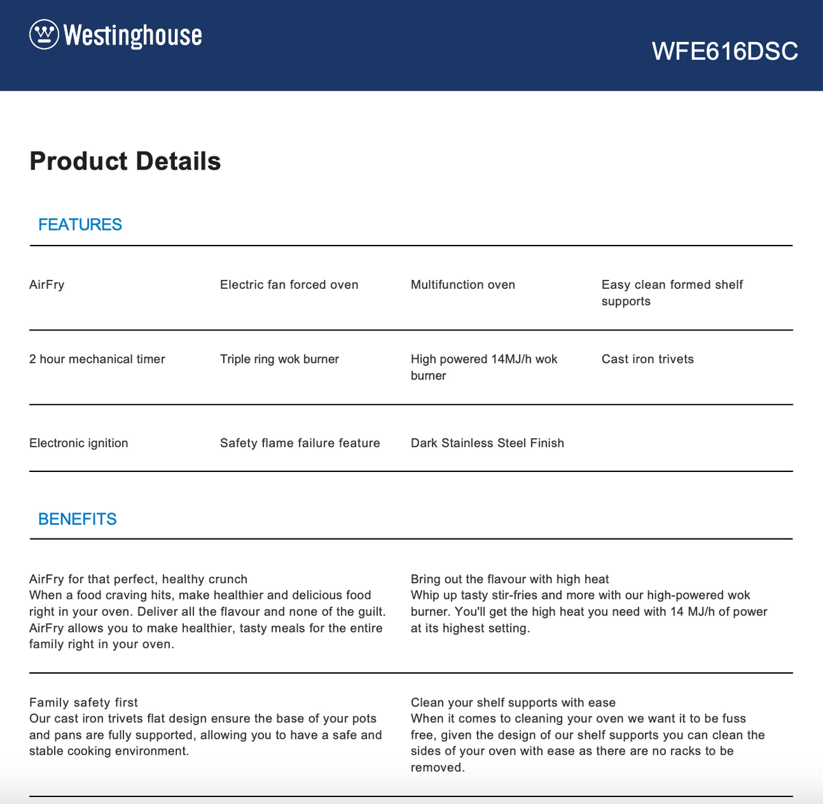 Westinghouse WFE616DSC 60cm Dual Fuel Fan Forced Freestanding Oven/Stove - Westinghouse Factory Seconds
