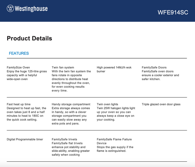 Westinghouse WFE914SC 90cm Freestanding Dual Fuel Oven/Stove - Ex Display Dsicount
