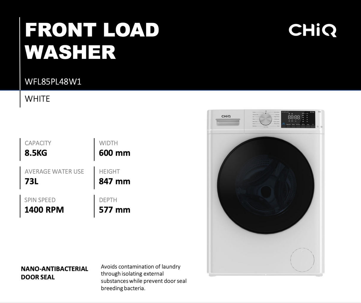 CHiQ WFL85PL48W1 8.5kg Front Load Washing Machine - Online Only