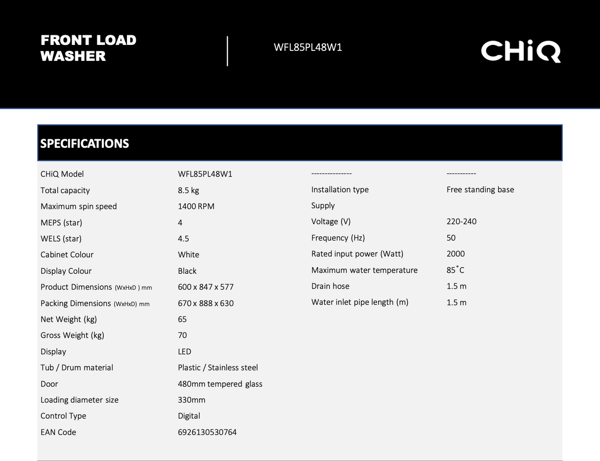 CHiQ WFL85PL48W1 8.5kg Front Load Washing Machine - Online Only
