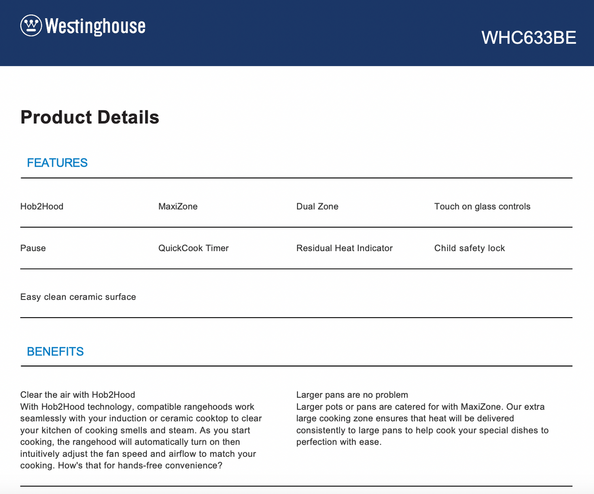 Westinghouse WHC633BE 60cm Ceramic Cooktop - Westinghouse Clearance