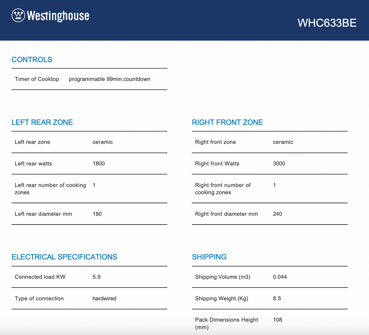 Westinghouse WHC633BE 60cm Ceramic Cooktop - Westinghouse Clearance