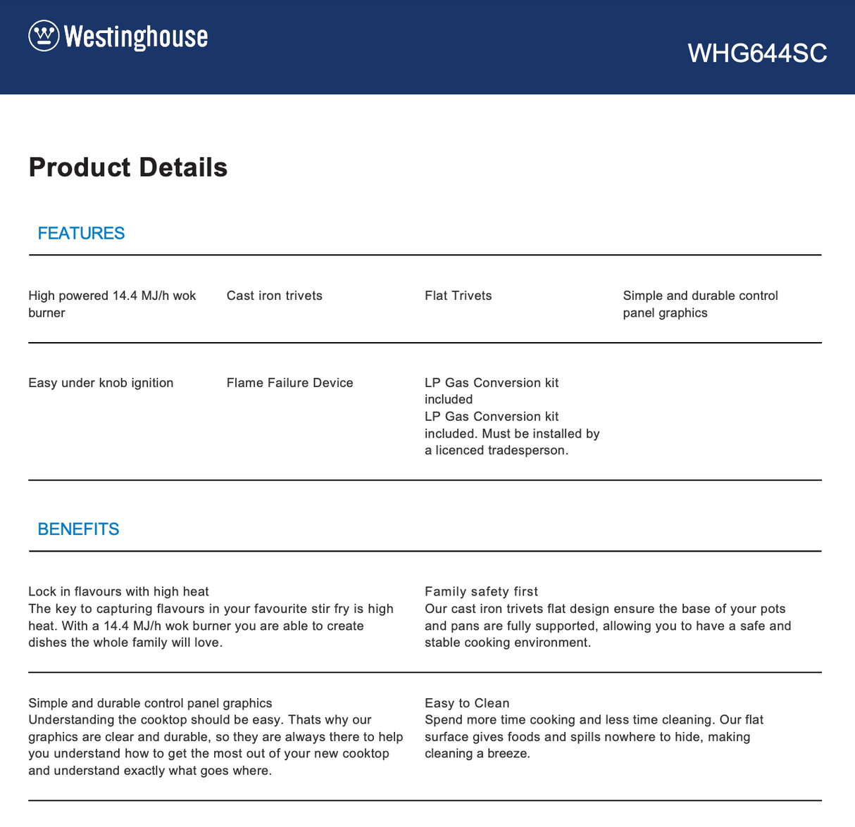 Westinghouse WHG644SC 60cm 4 Burner Natural Gas Cooktop - Seconds Discount