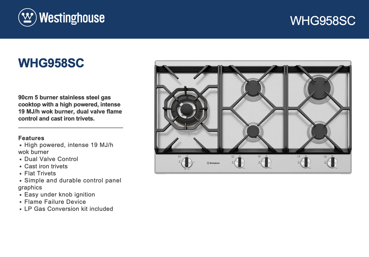 Westinghouse WHG958SC 90cm Stainless Steel Gas Cooktop - Westinghouse Factory Seconds