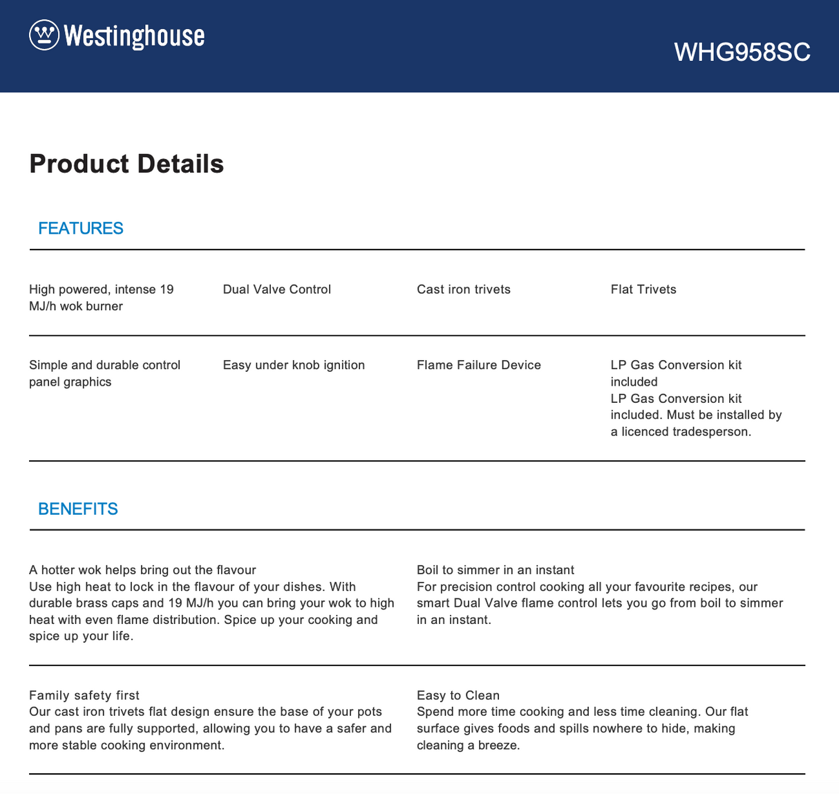 Westinghouse WHG958SC 90cm Stainless Steel Gas Cooktop - Westinghouse Factory Seconds