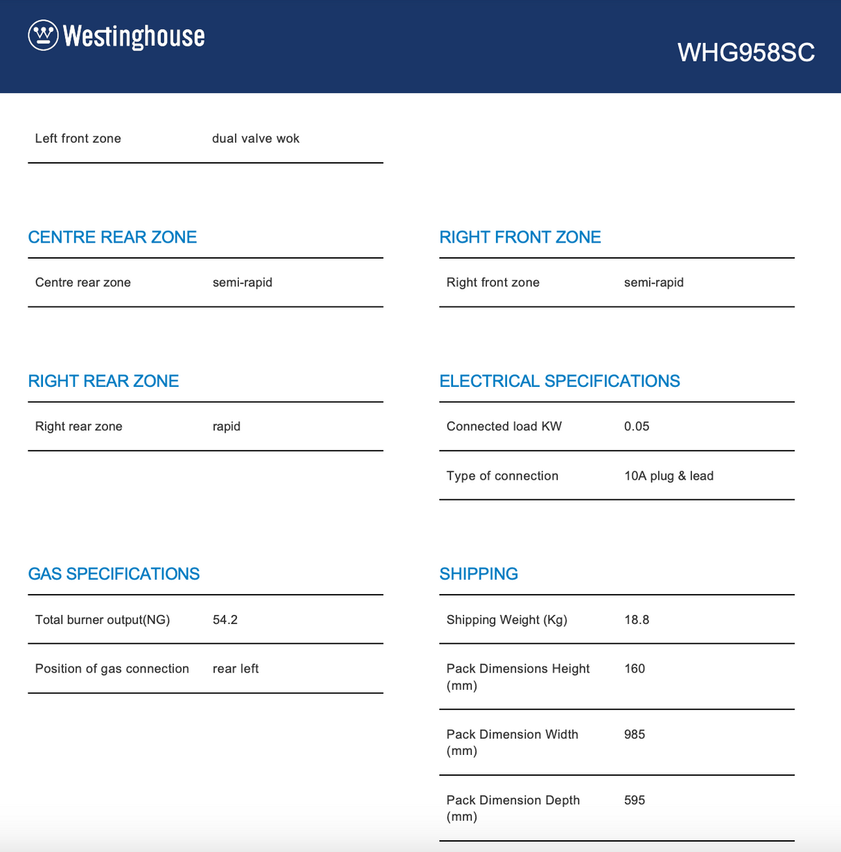 Westinghouse WHG958SC 90cm Stainless Steel Gas Cooktop - Westinghouse Factory Seconds