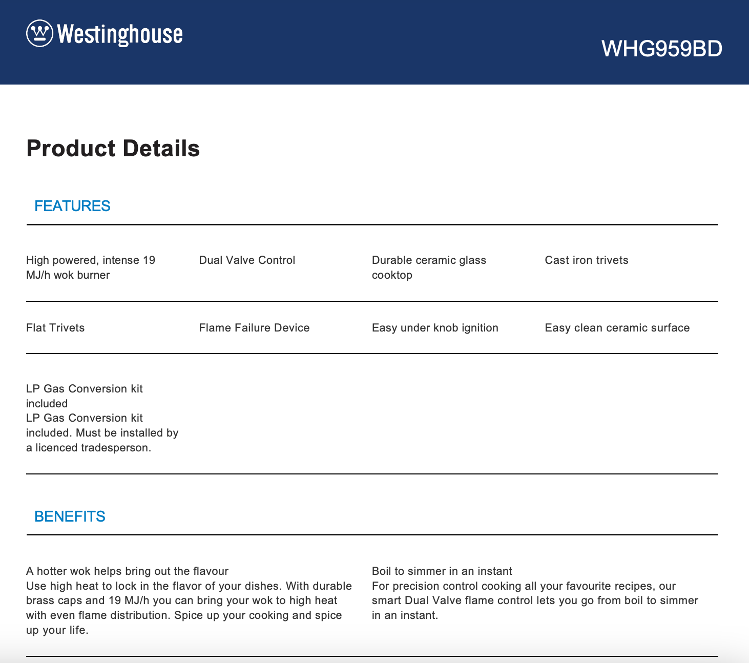 Westinghouse WHG959BD 90cm 5 Burner Black Glass Gas Cooktop - New in Box Clearance and Seconds Discount