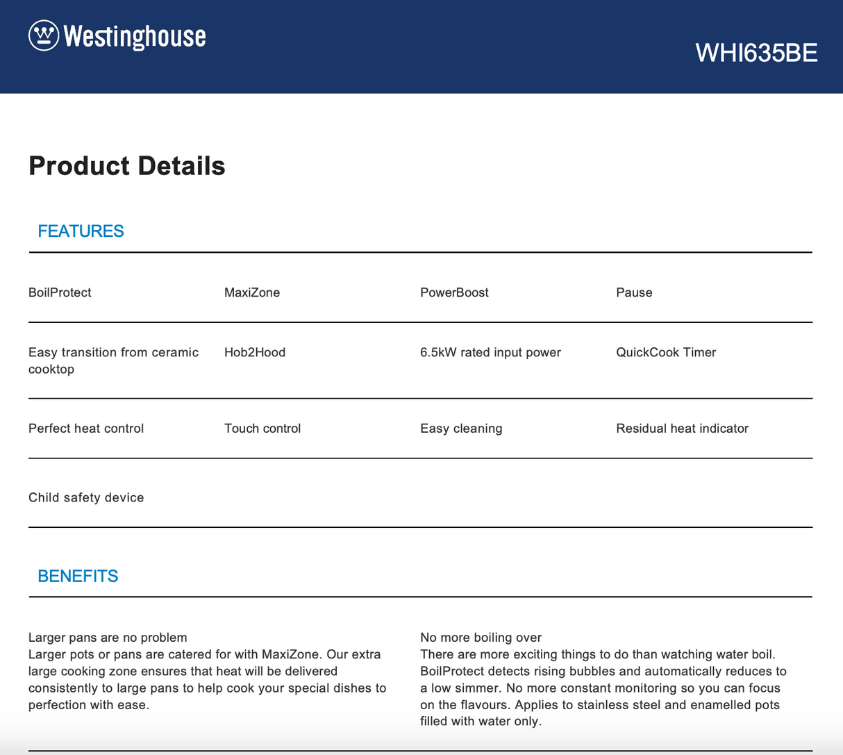 Westinghouse WHI635BE 60cm Induction Cooktop - Westinghouse Factory Seconds