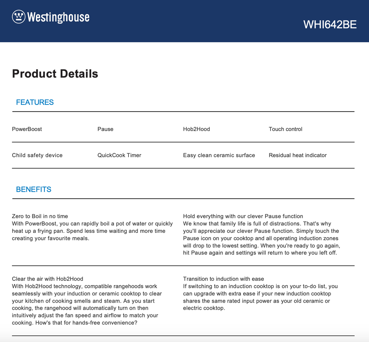 Westinghouse WHI642BE 60cm Powerlite 4 Zone Induction Cooktop - Westinghouse Factory Seconds (Copy)