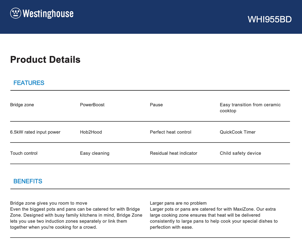 Westinghouse WHI955BD 90cm Induction Cooktop - Westinghouse Factory Seconds