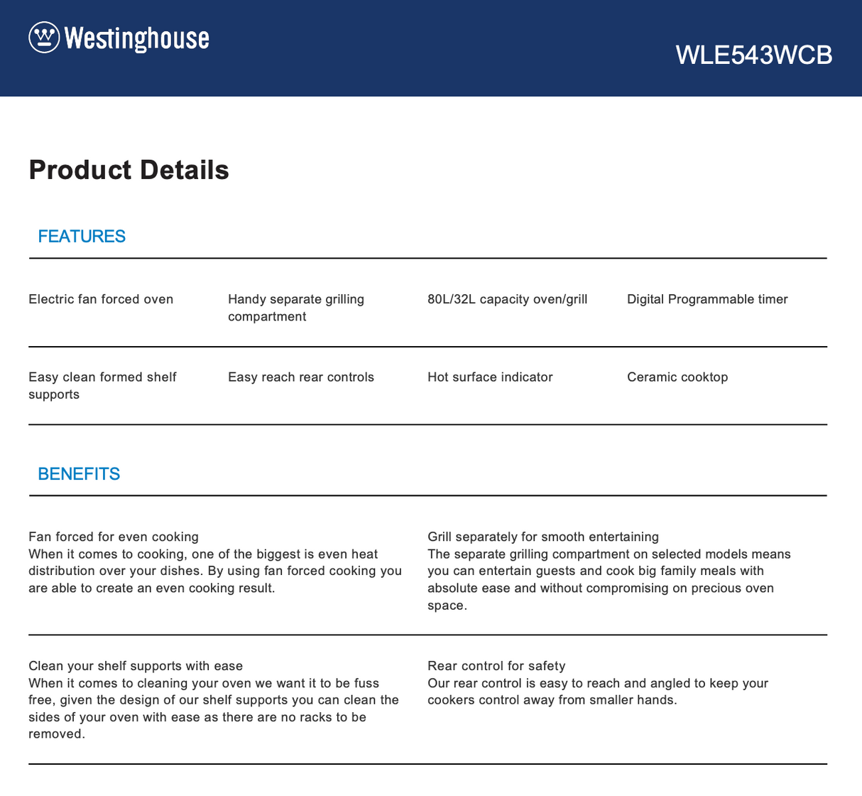 Westinghouse WLE543WCB 54cm Freestanding Electric Oven/Stove - Westinghouse Cosmetic Seconds Discount