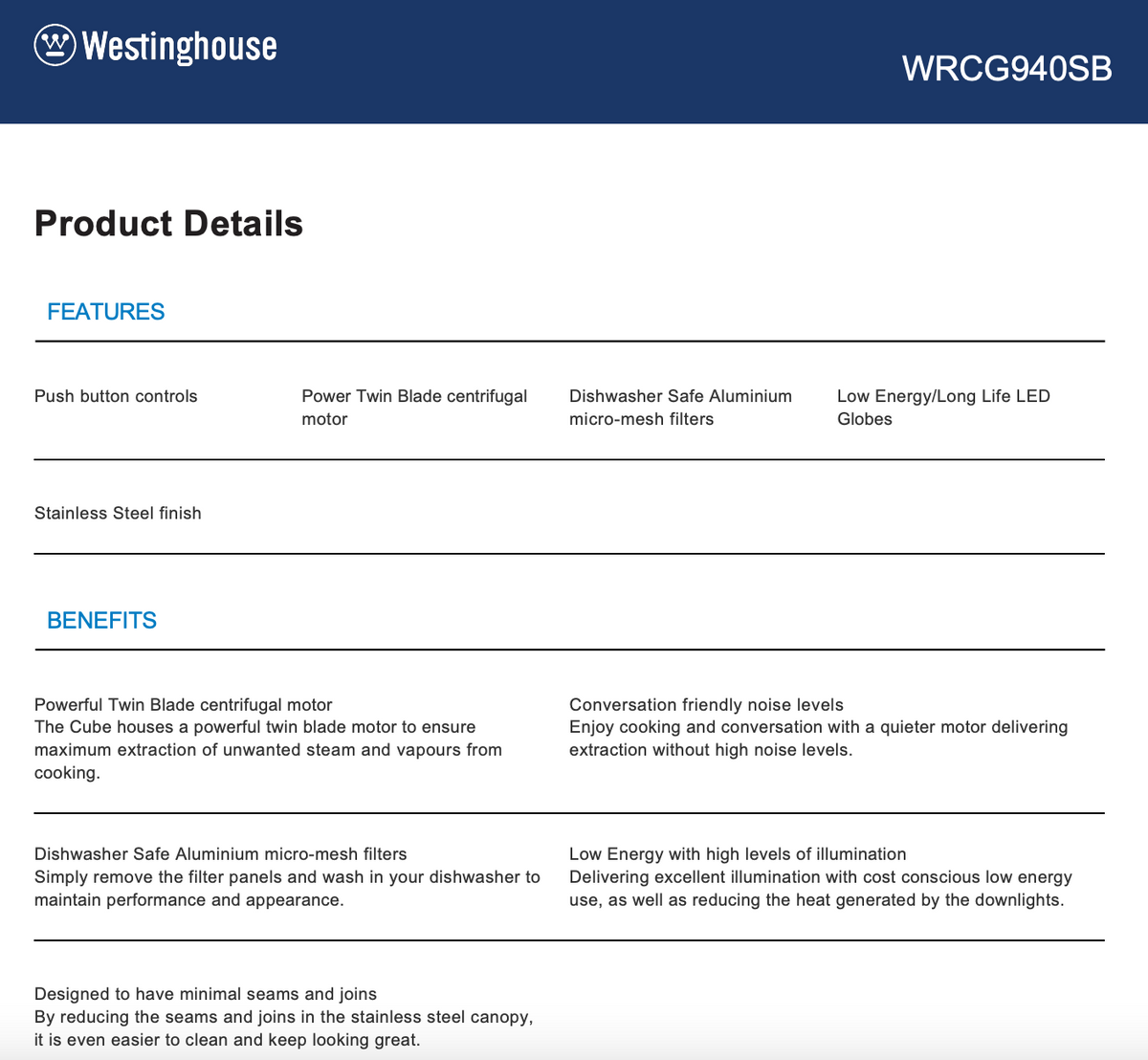 Westinghouse WRCG940SB 90cm Canopy Rangehood - Westinghouse Factory Seconds