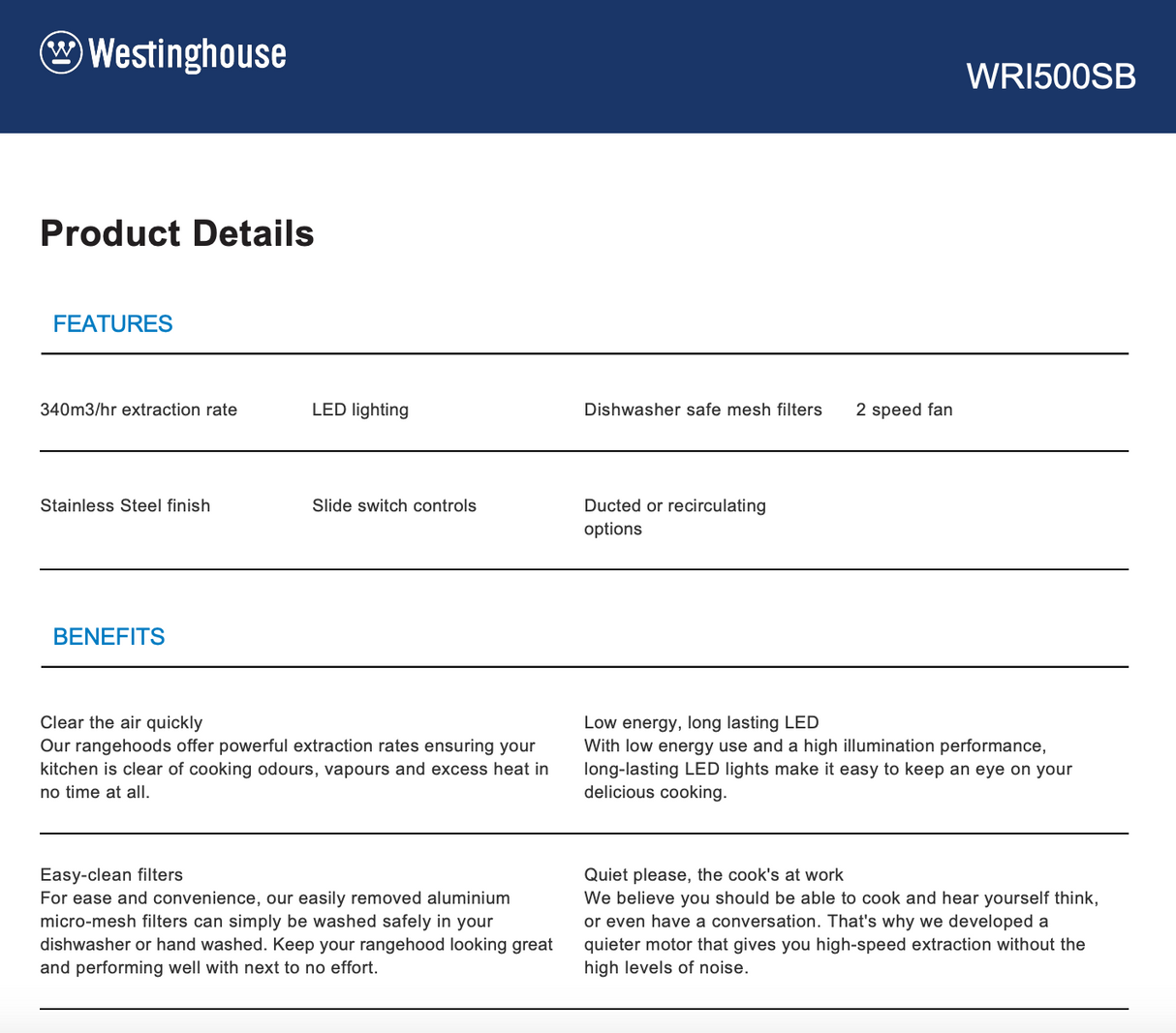 Westinghouse WRI500SB 50cm Under Cupboard Rangehood - New in Box