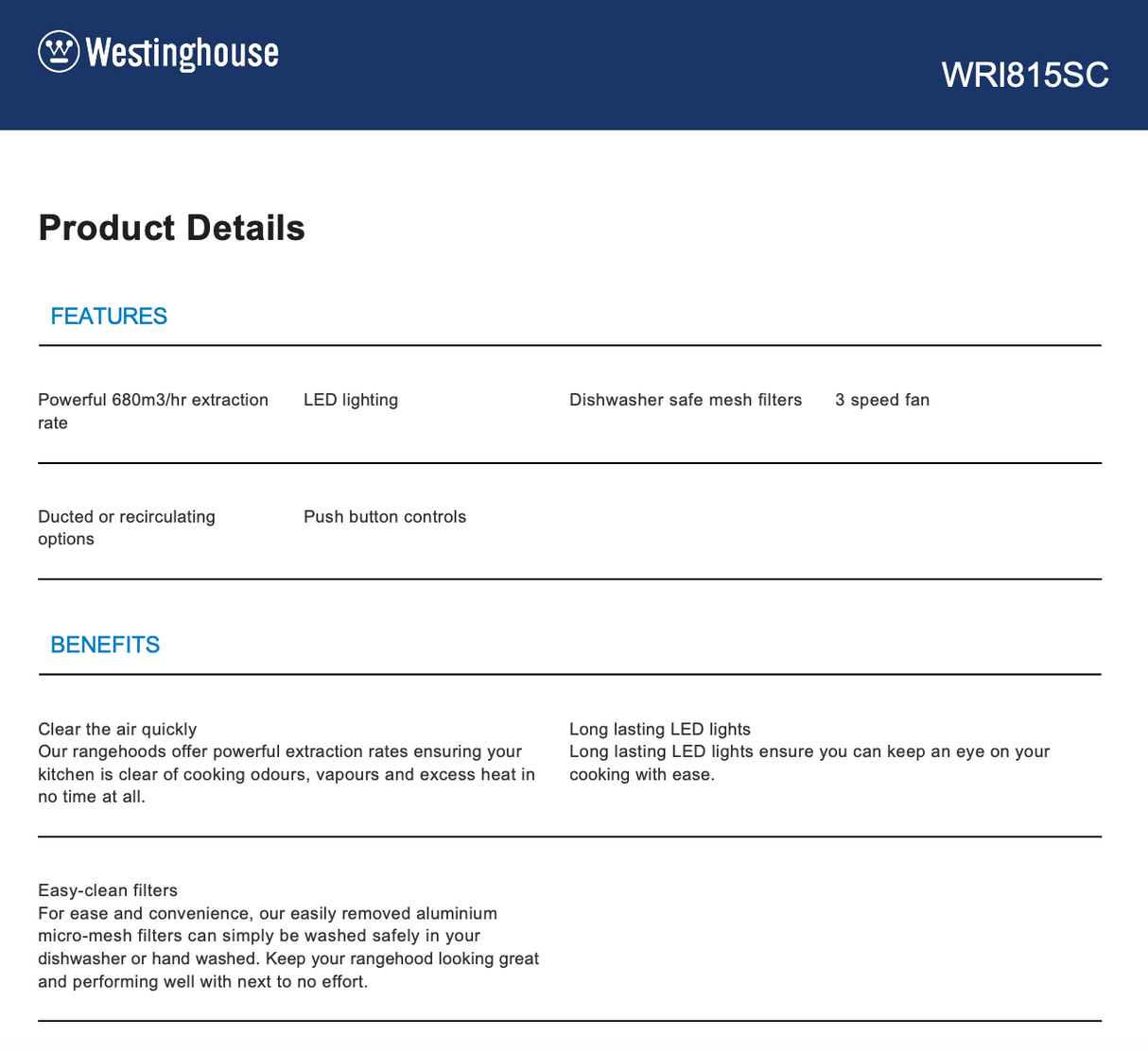 Westinghouse WRI815SC 80cm Under Cupboard Rangehood - Westinghouse Factory Seconds