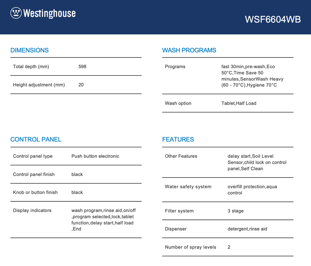 Westinghouse WSF6604XB 60cm Stainless Steel Dishwasher – Westinghouse Factory Seconds