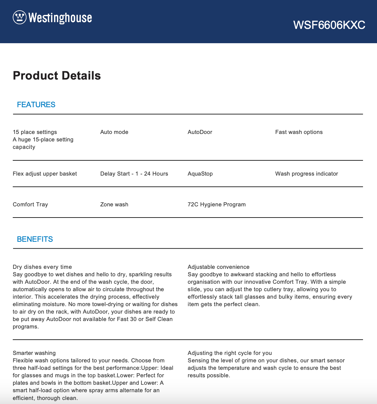 Westinghouse WSF6606KXC 60cm Dark Stainless Steel Freestanding Dishwasher - Westinghouse Factory Seconds