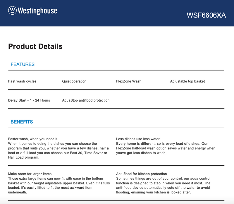 Westinghouse WSF6606XA Freestanding Dishwasher - Westinghouse Seconds Discount