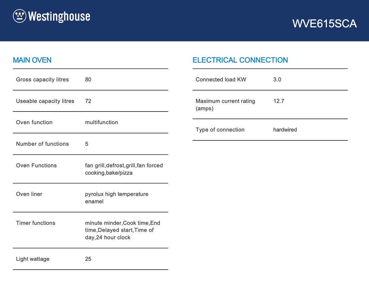 Westinghouse WVE615SCA 60m Electric Oven - Ex Display Discount