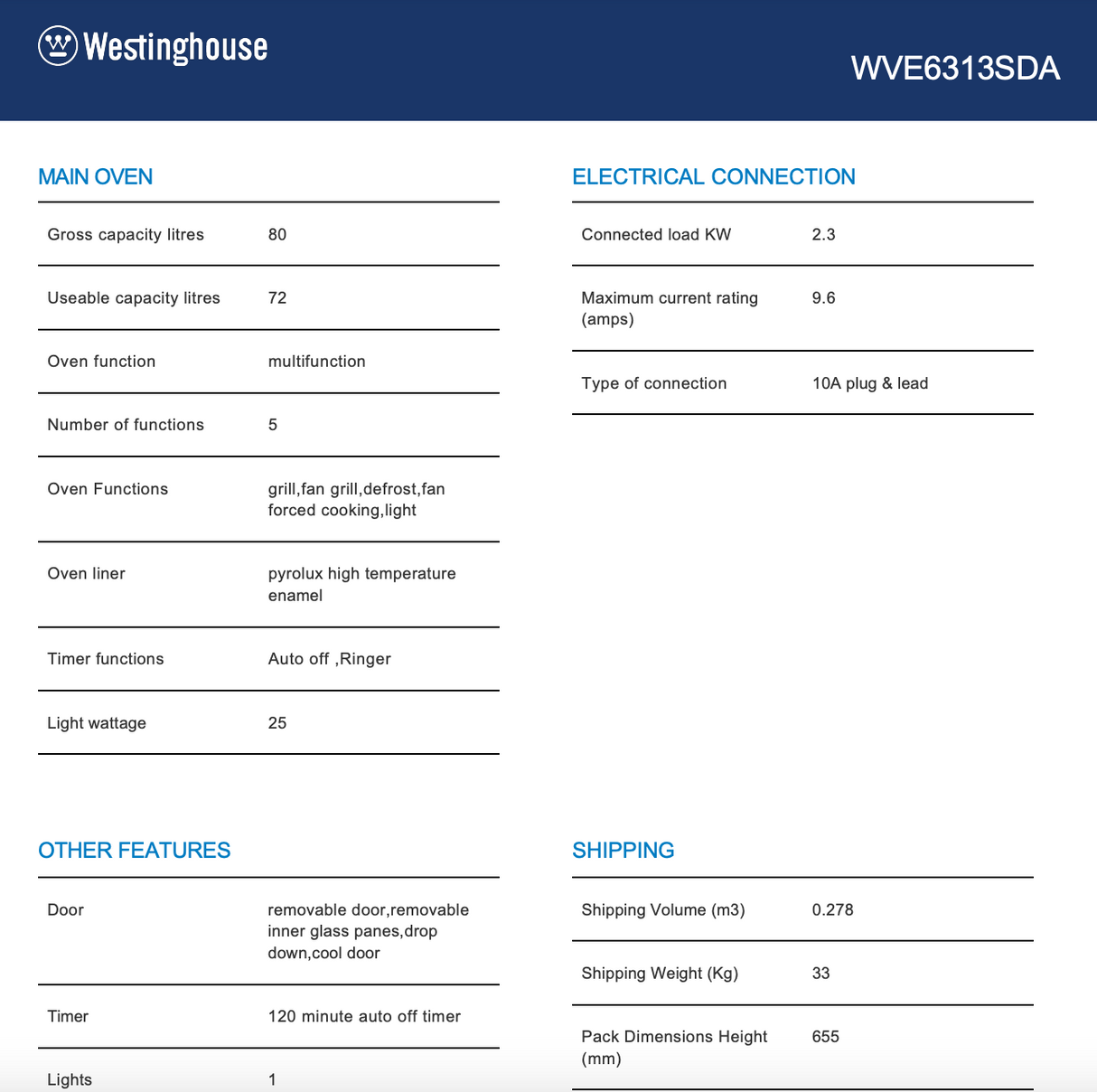 Westinghouse WVE6313SDA 60m Stainless Steel Electric Oven - Westinghouse Factory Seconds