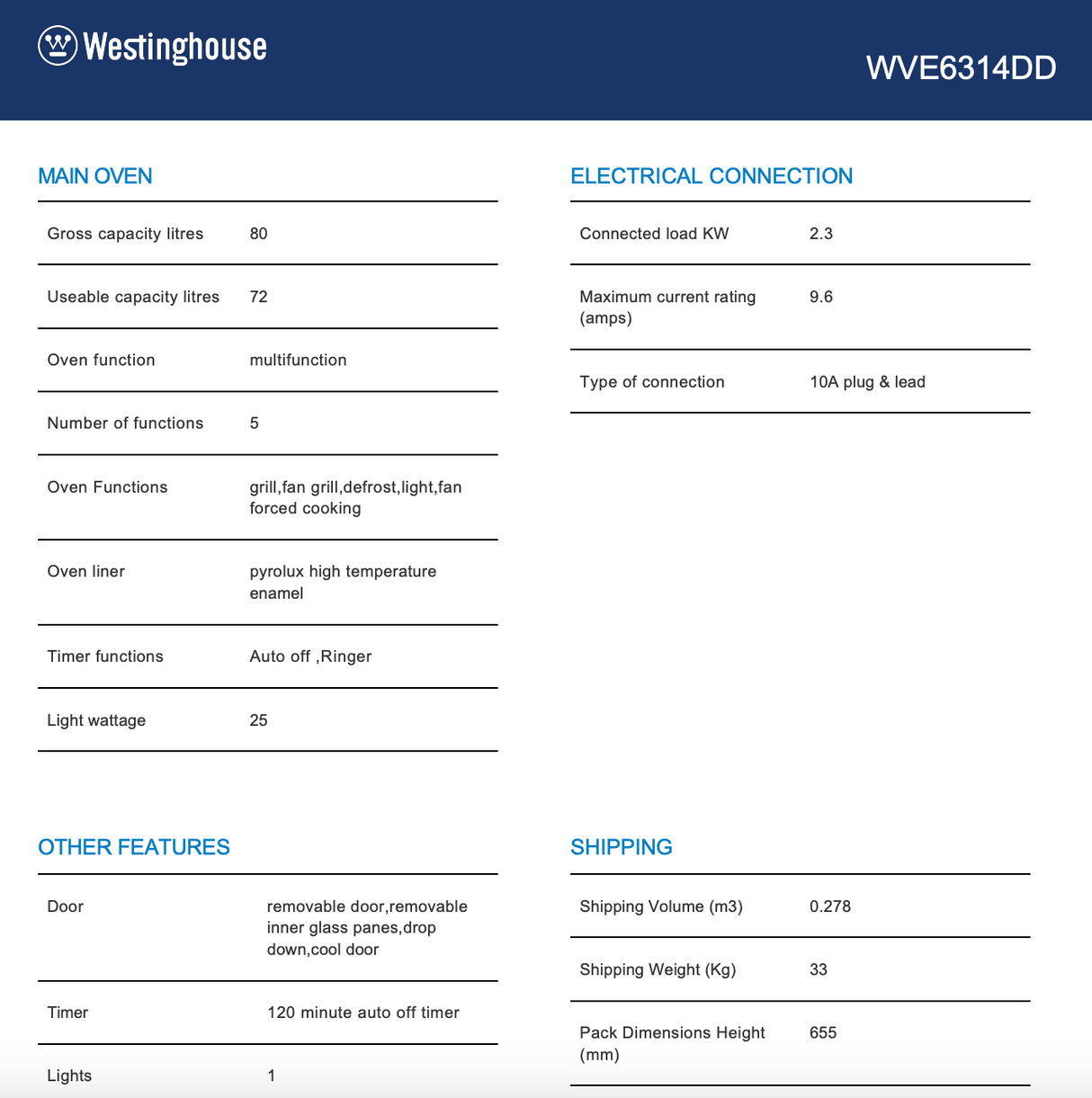 Westinghouse WVE6314DD 60m Dark Stainless Steel Electric Oven - Westinghouse Seconds Discount