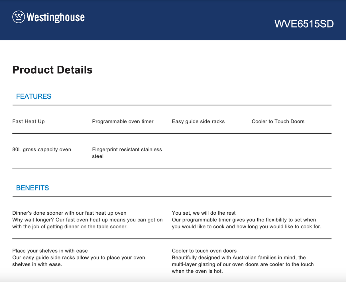 Westinghouse WVE6515SD 60cm Stainless Steel Electric Oven - Westinghouse Factory Seconds