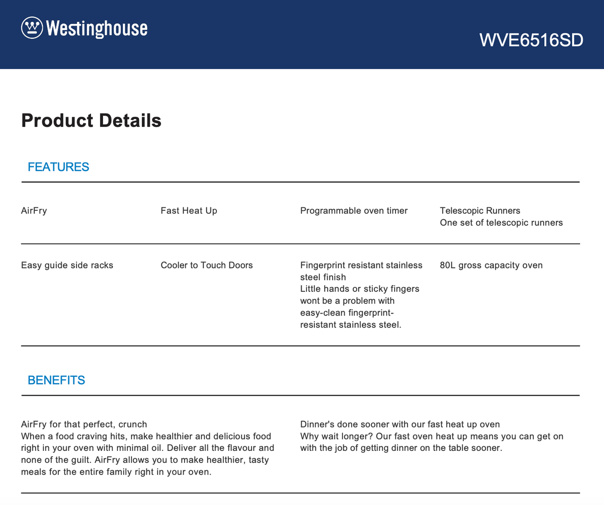 Westinghouse WVE6516SD 60cm Multi-Function with AirFry Stainless Steel Oven - Factory Seconds